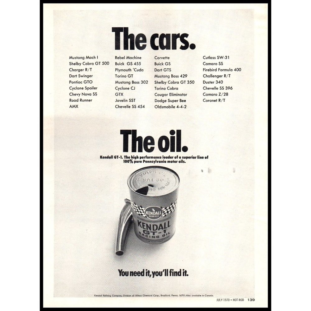 1970 Kendall GT-1 Racing Motor Oil Vintage Print Ad Can Tin Funnel Wall Art